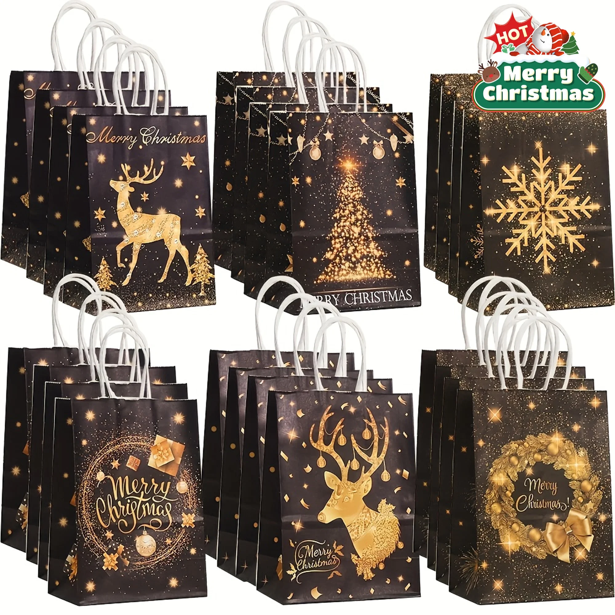 12/24pcs Black and Golden Christmas Gift Bags with Handles,Festive Santa,Reindeer,Snowflakes,and Christmas Tree Patterns