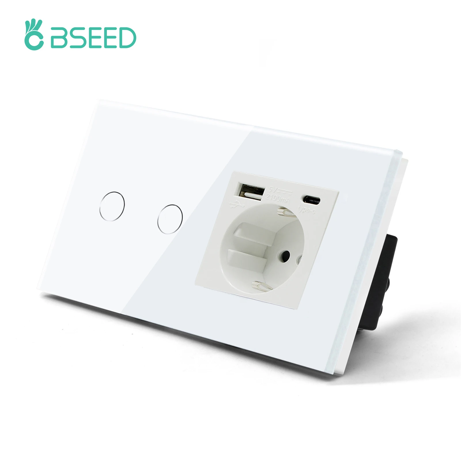 BSEED Einzelsteckdose EU-Wandsteckdosen Doppelsteckdosen USB Typ-C Telefonladegerät Glaspanel 1-Wege-Wandtastschalter Kinderschutz
