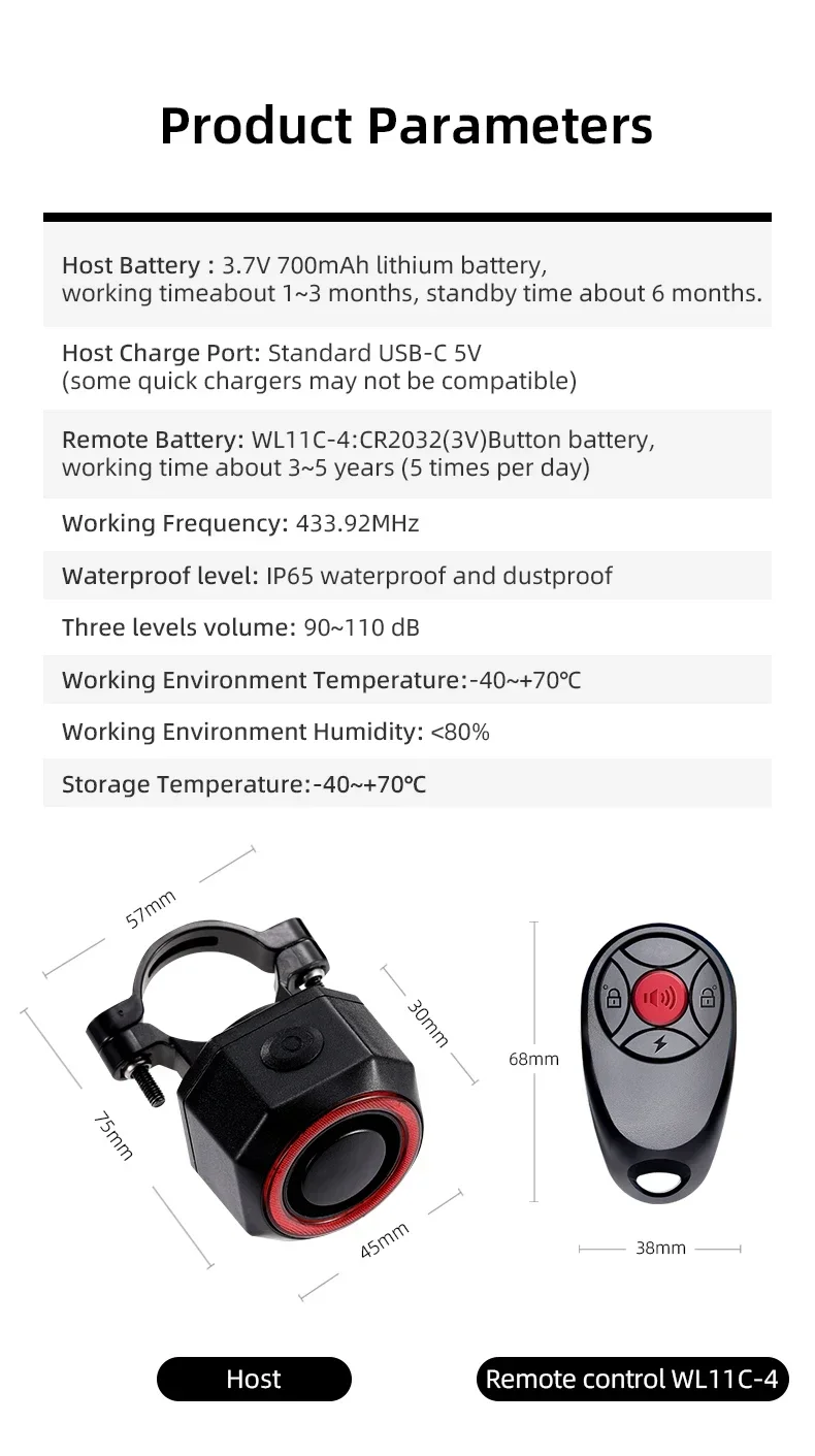 Smart Bike Rücklicht SF33R Diebstahlalarm + Smart Bremssensor Rücklicht 110 dB Hohe Dezibel Summer
