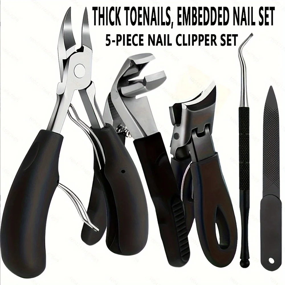 

5pcs thick nail clipper set - heavy-duty podiatrist grade, stainless steel blades with easy to grip handle, suitable for inward