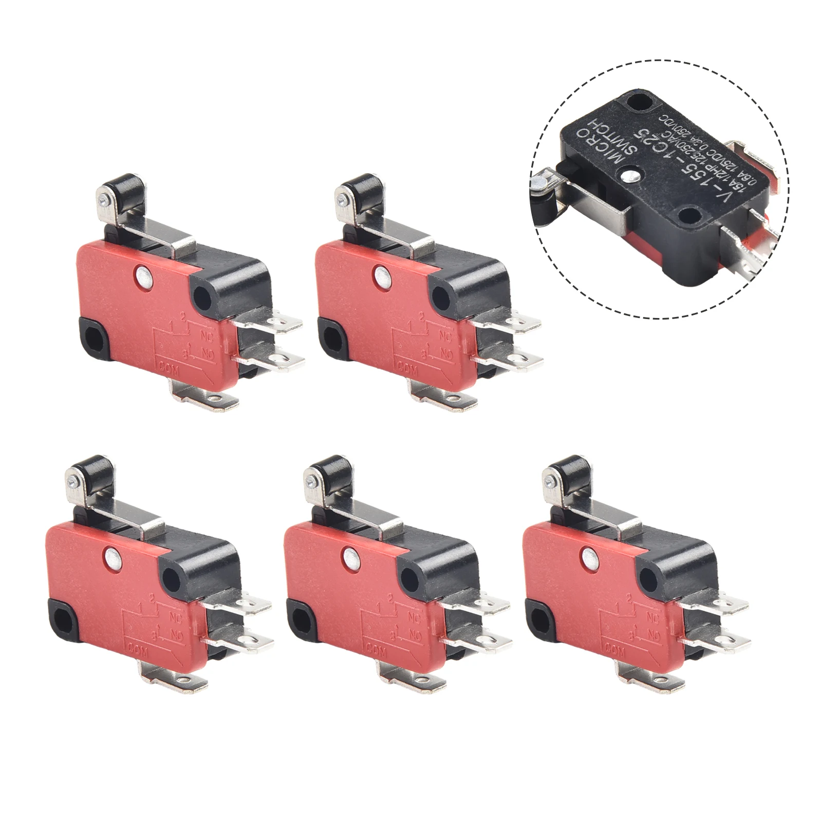 5 Pcs Miniature Limit Switches V-155-1C25 250N 15A Momentary Travel Switch Self-reset 1NO 1NC 3 Terminals For AC/DC Control