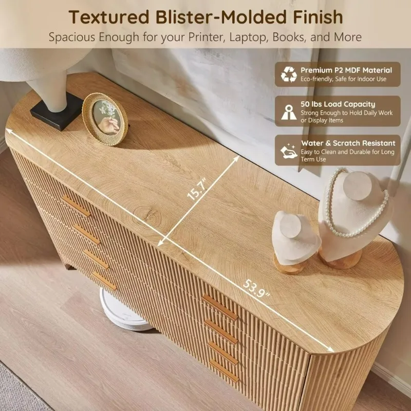 Factory Direct 2026 8 Drawer Dresser for Bedroom with Curved Profile Design, 53.9 W Wide Chest of Drawers with Reeded Front