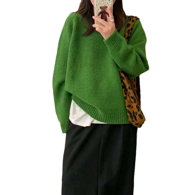 Women Knitted Pullovers Sweaters Solid Jumpers Round Neck Long Sleeves Thick Loose Fit Office Lady Casual 2025 Autumn Winter