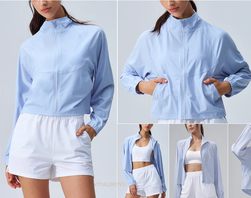 Women's Athletic Workout Running Track Full Zip Cropped Jackets UPF 50+ Sun Protection Long Sleeve Workout Shirts Yoga Gym Top