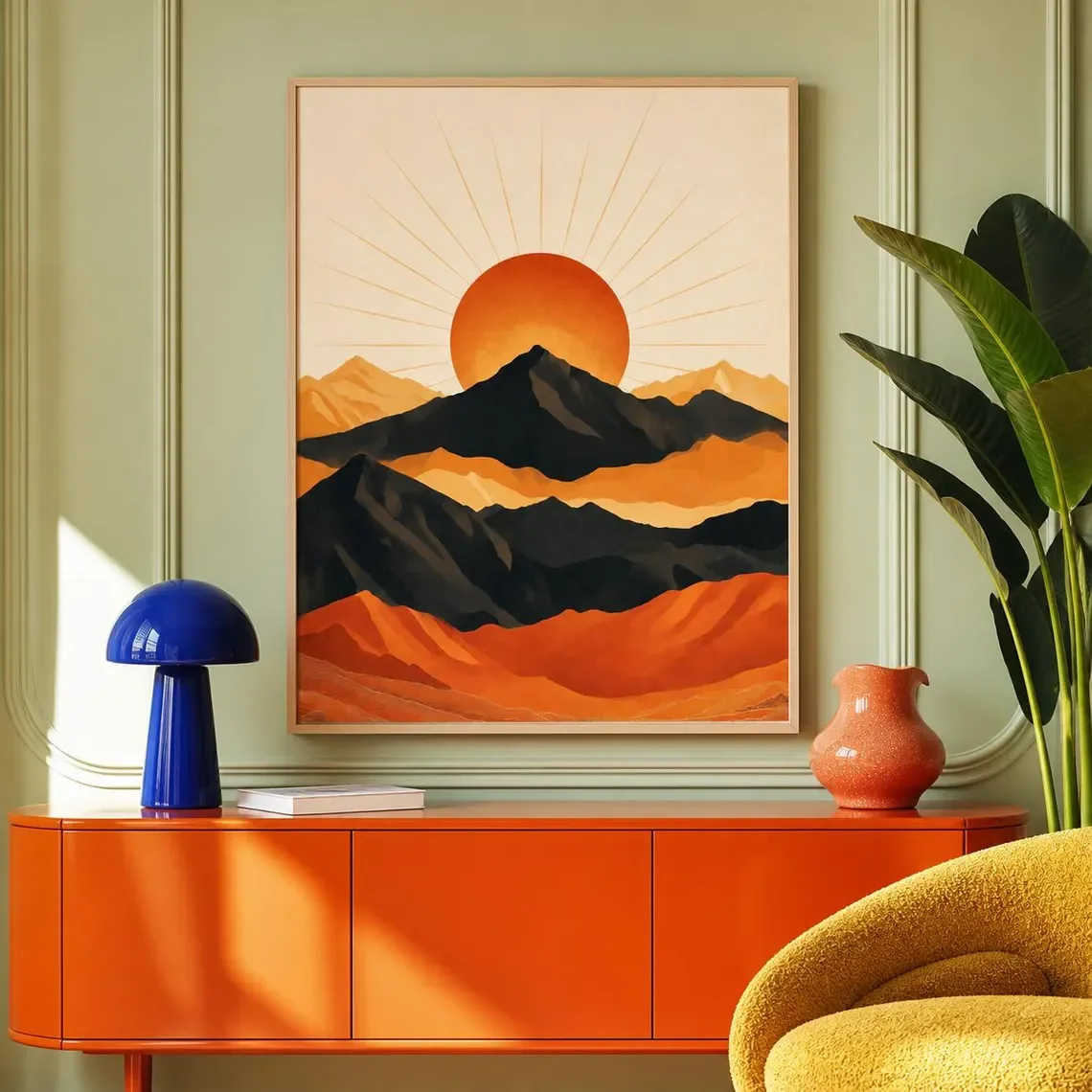 Boho Mountain Sun Print, Mid-Century Modern Wall Art, Terracotta Abstract Landscape Poster, Burnt Orange Sunset Decor, Retro Wal