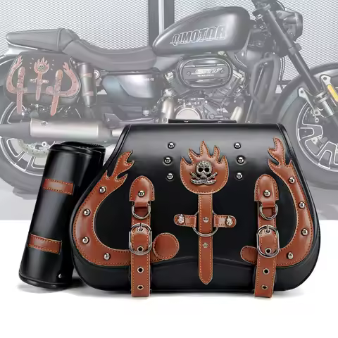 1Pair Retro PU Leather Motorcycle Throwover Saddlebags, Fit for Harley XL883 Honda Yamaha Suzuki, Side Gear Bags with Cup Holder