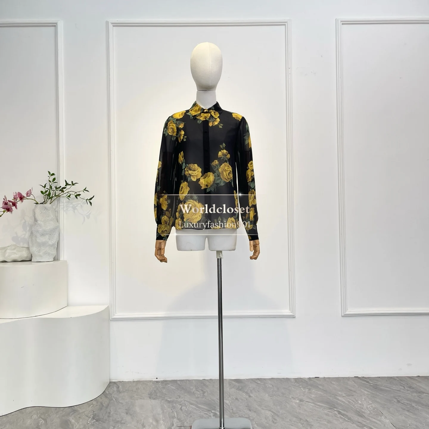 

Black Yellow Rose Print Chiffon Blouse Women Long Sleeve Button Down Sheer Shirt for Office