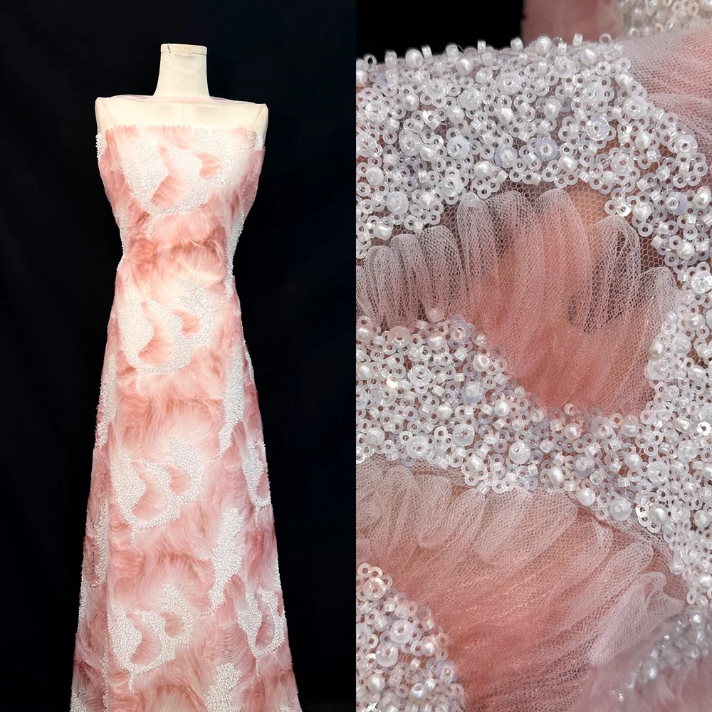 

1-ярдовая 3D розовая текстурированная волнистая кружевная ткань с бисером, лосось, 3D спиральная аппликация для бального платья, свадебного платья, Haute Couture
