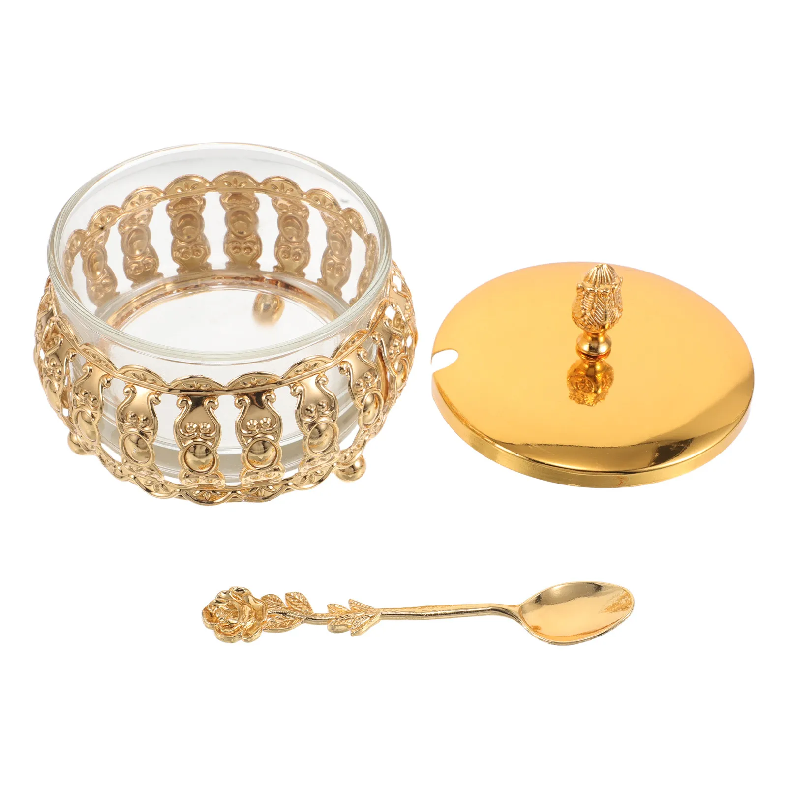 

1Set Sugar Jar with Spoon Glass Iron Airtight Kitchen Spice Container Condiment Storage Dispenser Canister Sugar Bowl with Spoon