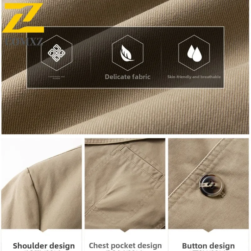 2025 New Autumn Jacket Men's High-end Luxury Pure Cotton Comfortable V-Neck Small Suit Coat Casual Retro Solid Color Trench Coat