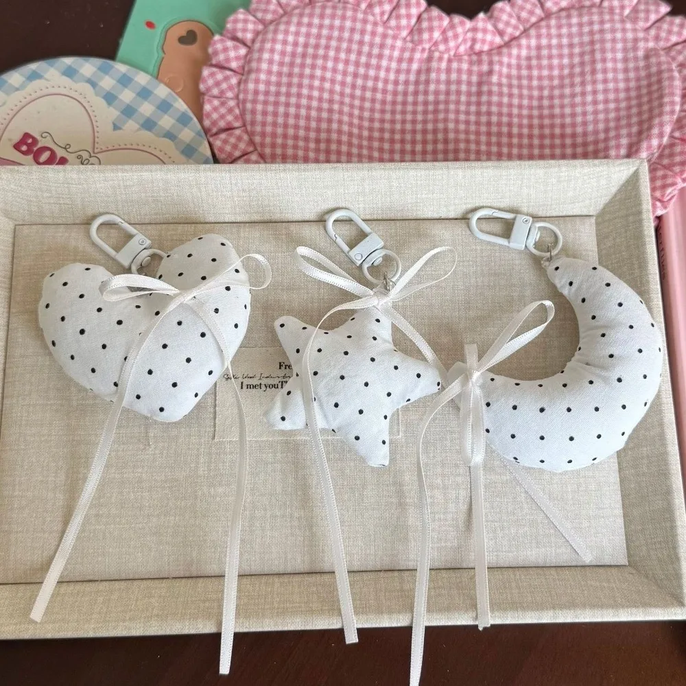 Polka Dot Pattern Keychain Moon Star Heart Shape Ribbon Bow Design Fabric Bag Charm Hanging Pendant Style Soft Fabric