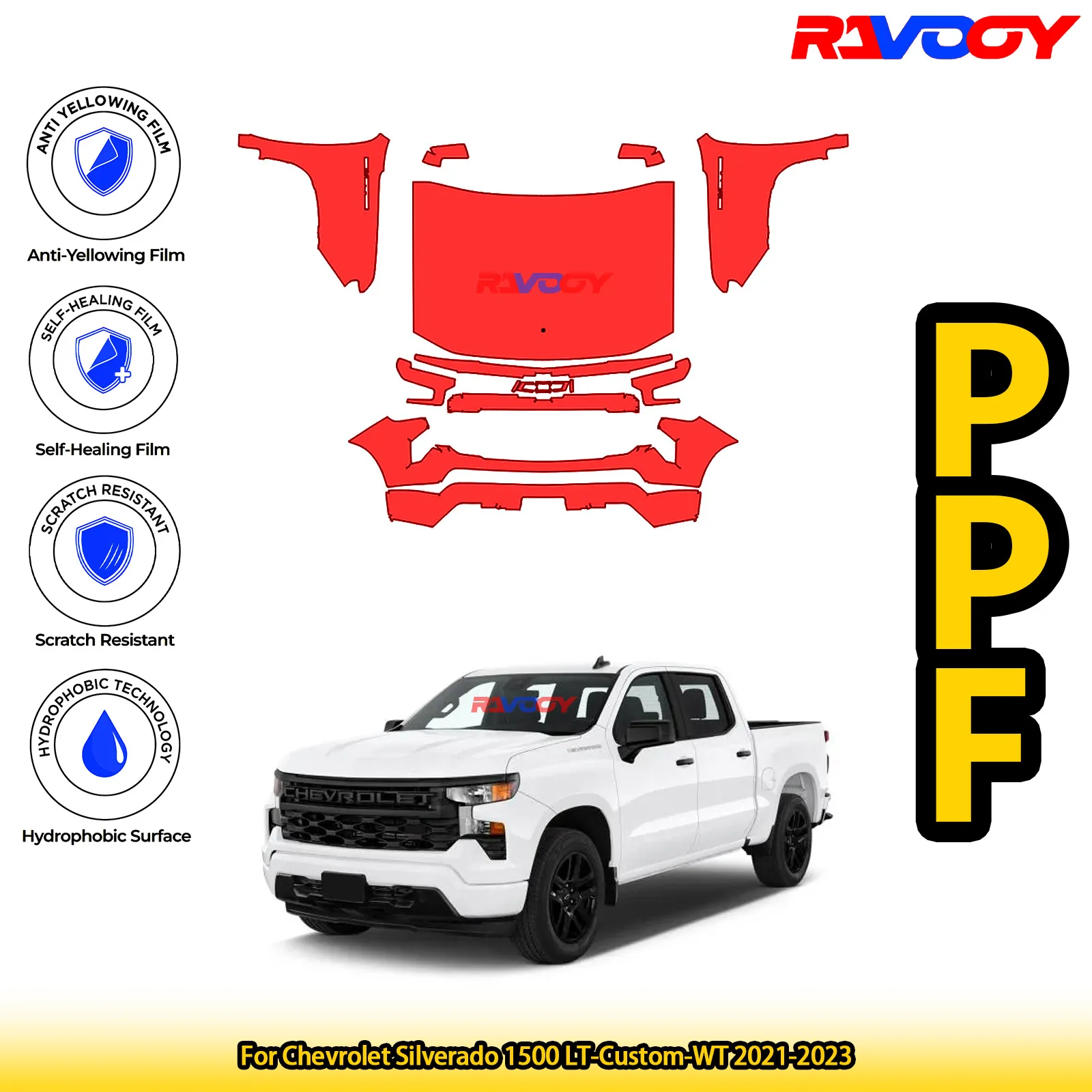 

For Chevrolet Silverado 1500 LT-Custom-WT 2021-2023 Glossy Matte Black Precut front PPF Kit Paint Protection Film