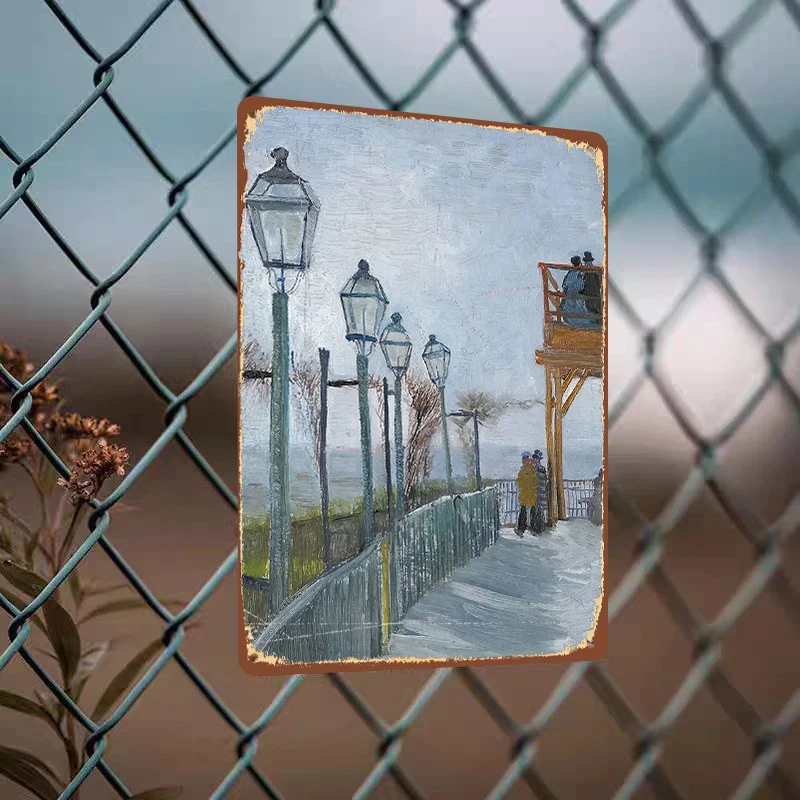 Vintage European Street View Metal Wall Art Van Gogh Style Lamp Post Observation Deck Decor for Living Room