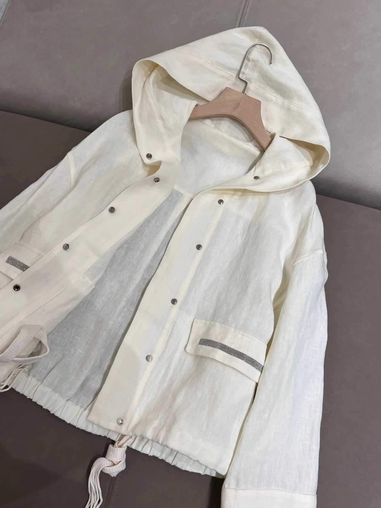 Imported french linen casual hooded loose short trench