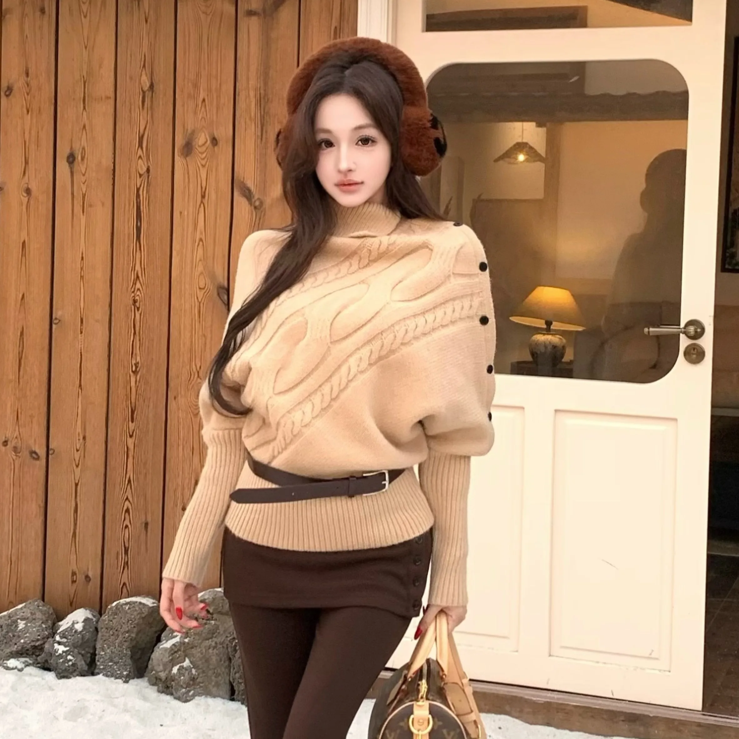 High Collar Fleece Lined Sweater Lazy Casual Pants Flared Leg Pants Breathable Long Sleeve Knitted Top Winter Leisure Fashion...