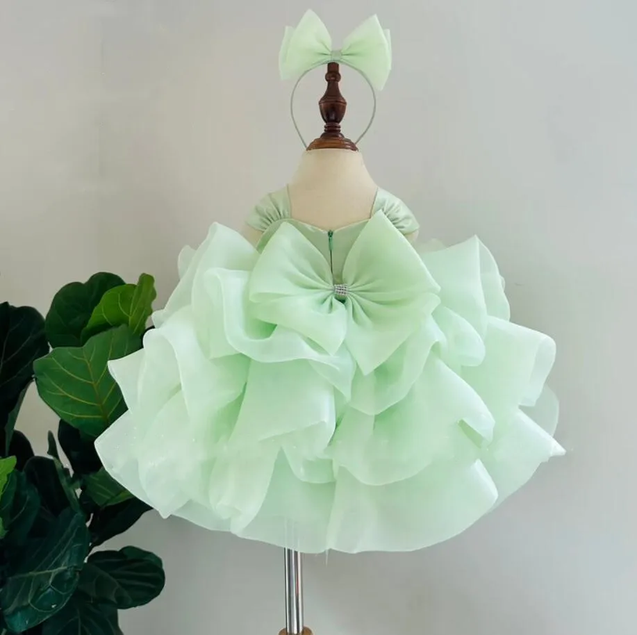 Robe de fête d'anniversaire en perles d'organza pour bébé fille, costume de Noël moelleux, robe de demoiselle d'honneur avec grand nœud, vert mignon, 12m, 18m