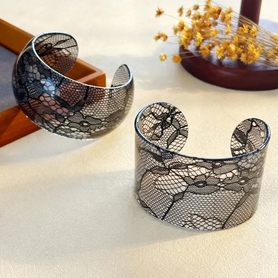 1/5/10/20/50/100pcs Women's Fashion Open Bangle, Gothic Style Black Lace Pattern Acrylic Wide Open Bangle, Cool Street Style Dai