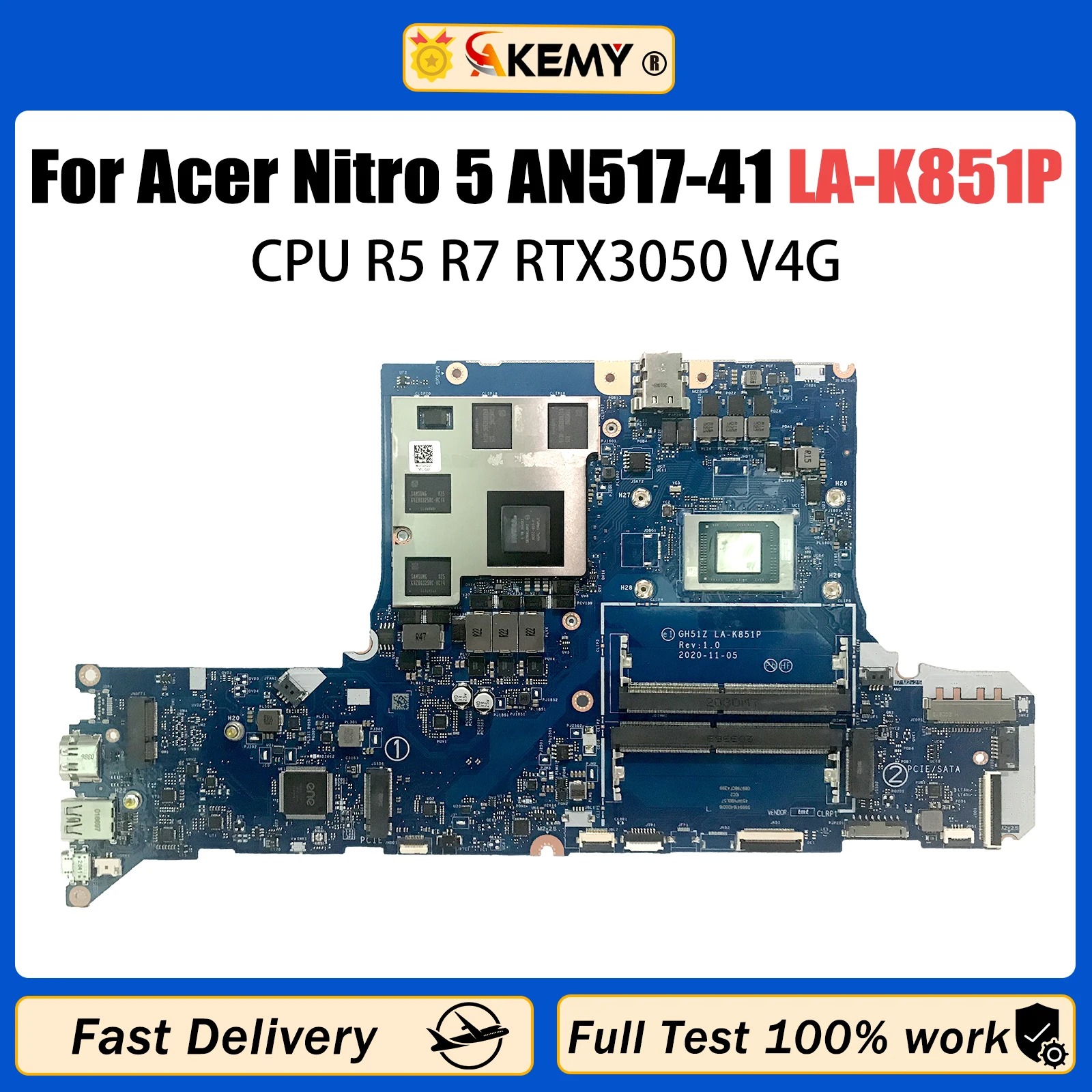 AKEMY GH51Z LA-K851P For ACER AN517-41 Laptop Mainboard With R5-5600H R7-5800H CPU RTX3050 V4G DDR4 Motherboard Fully Tested