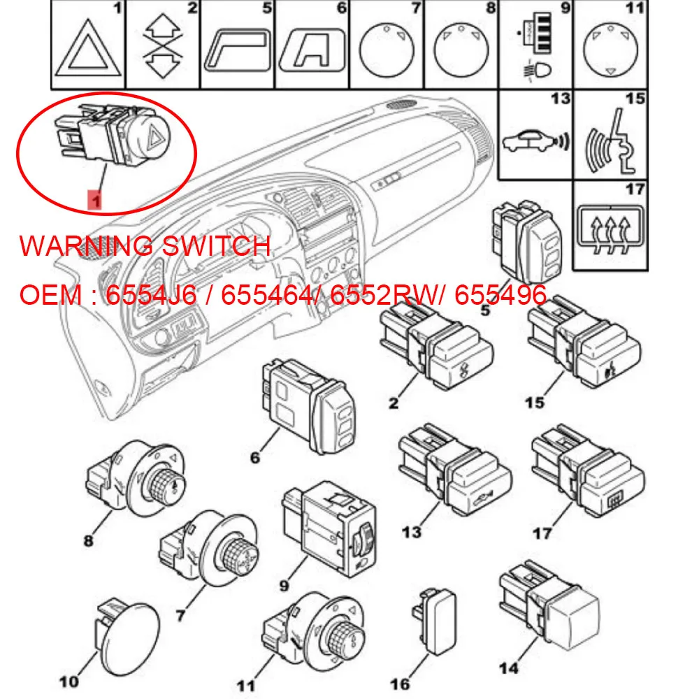 Suitable for Citroen XSARA II WARNING SWITCH Hazard signal light switch button press-button 6554J6 655496