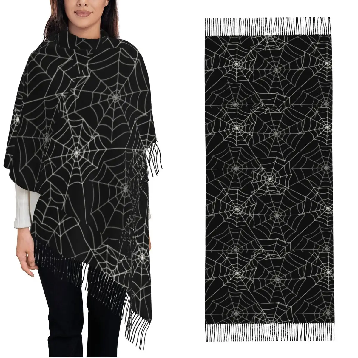 Spider Cobweb Spiderweb Halloween Scarf for Women Fall Winter Cashmere Shawls and Wrap goth HD Long Scarves with Tassel Ladies