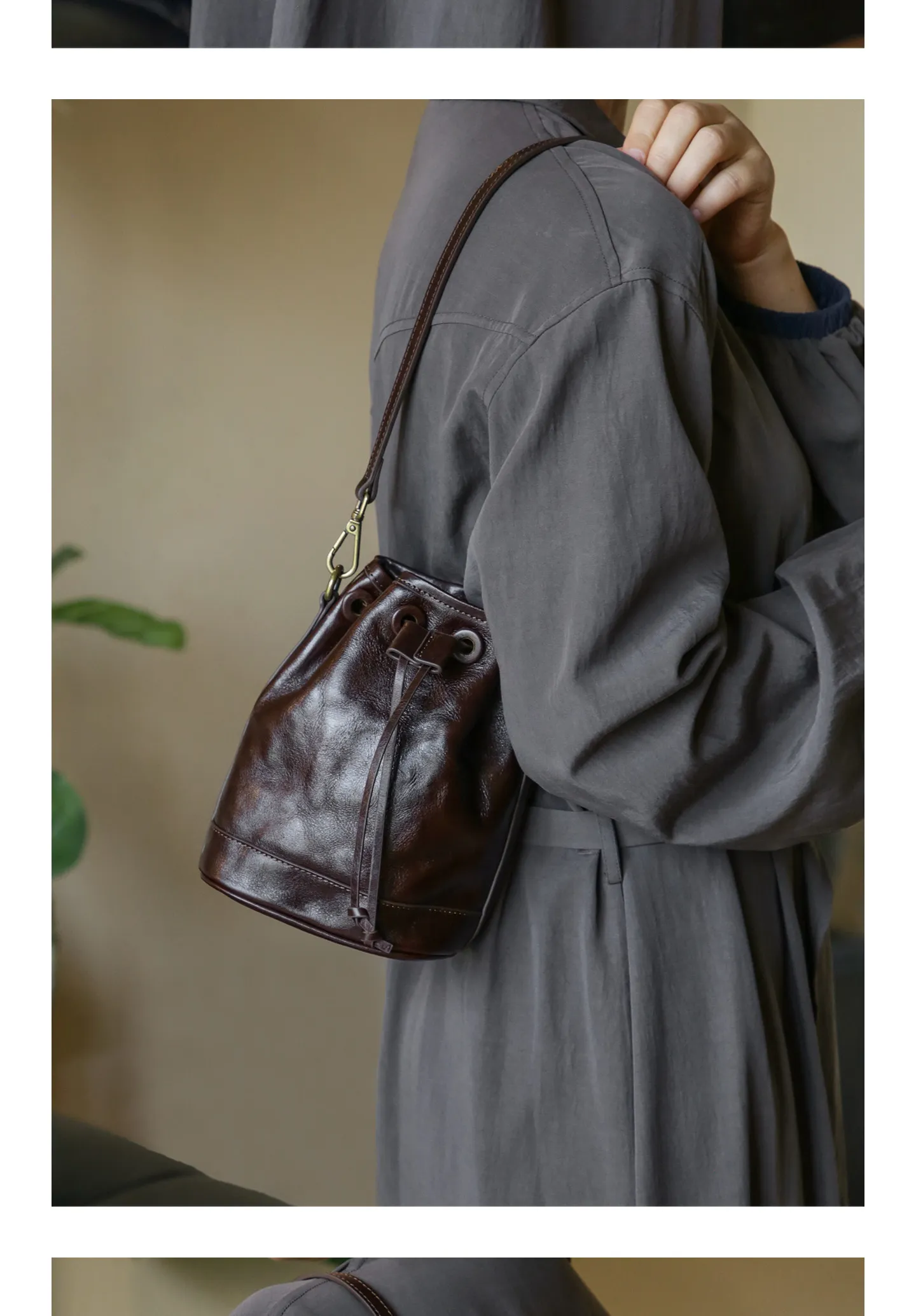 Handgefertigte Damenhandtasche aus pflanzlich gegerbtem Leder, lässige Designer-Umhängetasche aus echtem Leder, multifunktionale Schulter- und Crossbody-Tasche. – Detail 9