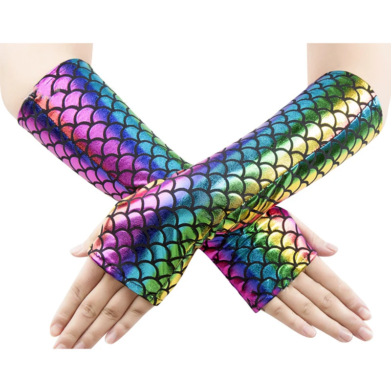 Mermaid Fish Scale Long Gloves Women Halloween Cosplay Stage Costume Accessory Female Sexy Prom Party Fingerless Gloves