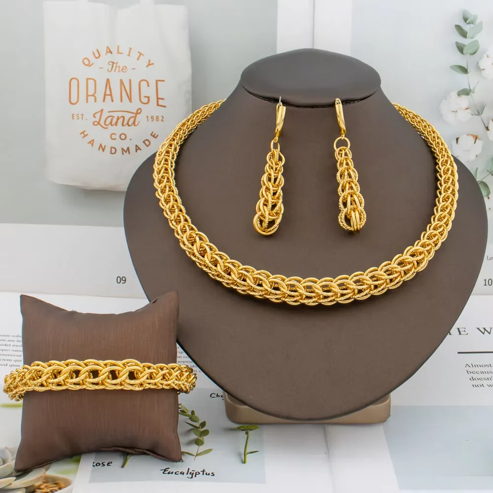 

Dubai Jewelry Set Women Fashion Gold Color Thick Necklace African Earrings Bracelet Ring Bride Banquet Wedding Party Jewelry