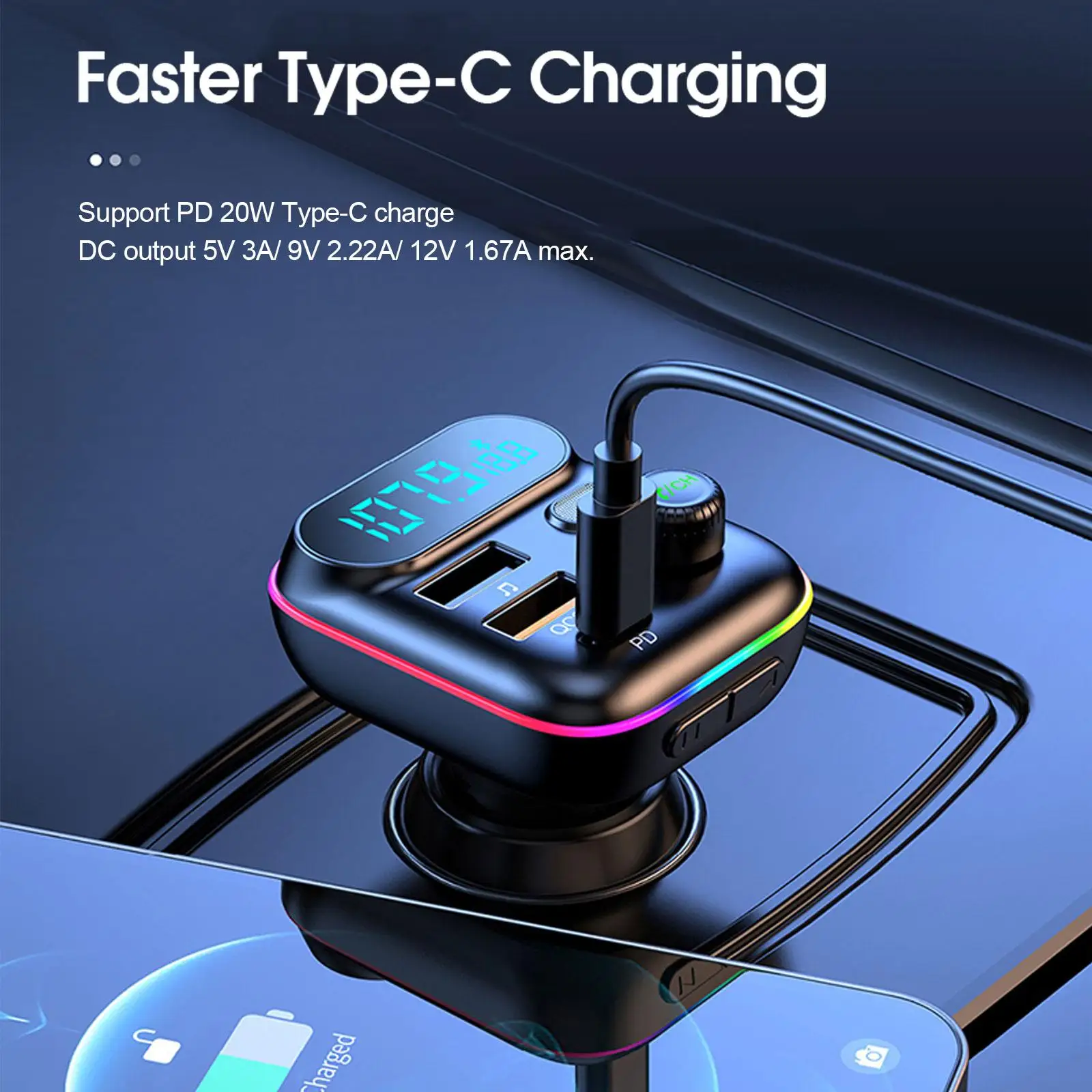 Car Fast Charge Bluetooth 5.0 FM Transmitter PD Dual Cigarette Player Colorful Light Ambient Lighter Type-C USB MP3 Music C6O6