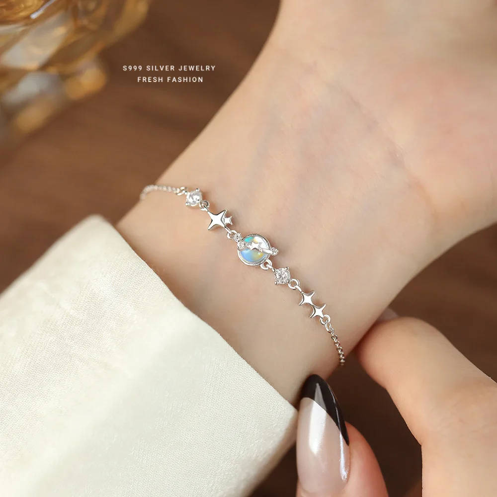 F.I.N.S Korean Style S999 Sterling Silver Iridescent Moonlight Glass Bracelet for Women Stars Thin Chain Adjustable Hand Jewels