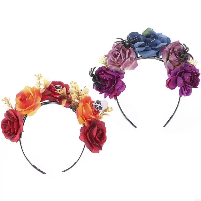 

P88B Fairy Halloween Day of the Dead Headband Bloomy Rose Floral Scary Skull Festival Party Hair Hoop