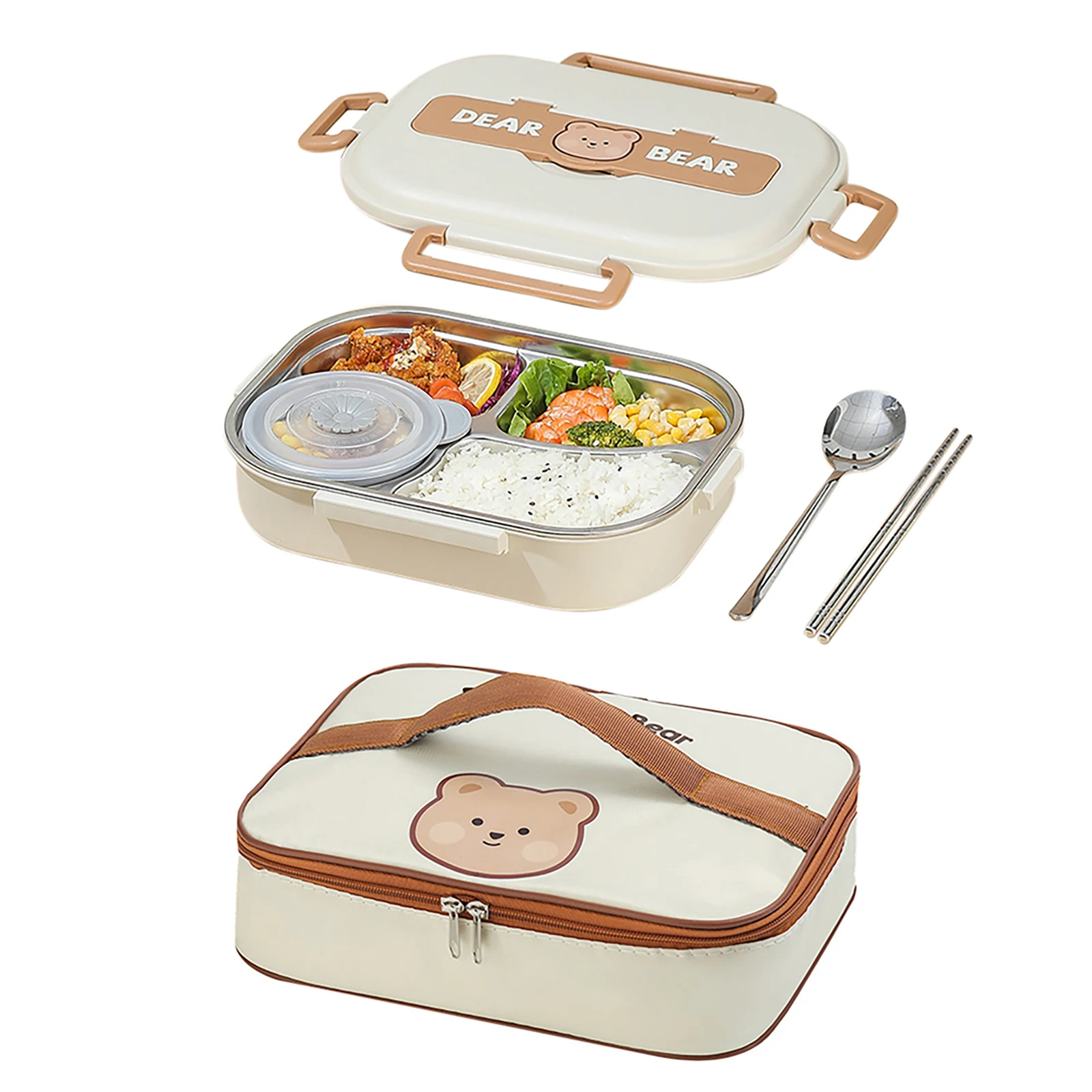

304 Stainless Steel Food Container Leak-proof 4 Compartments Thermal Lunchbox With Spoons Or Chopsticks Home Kitchen Accessories
