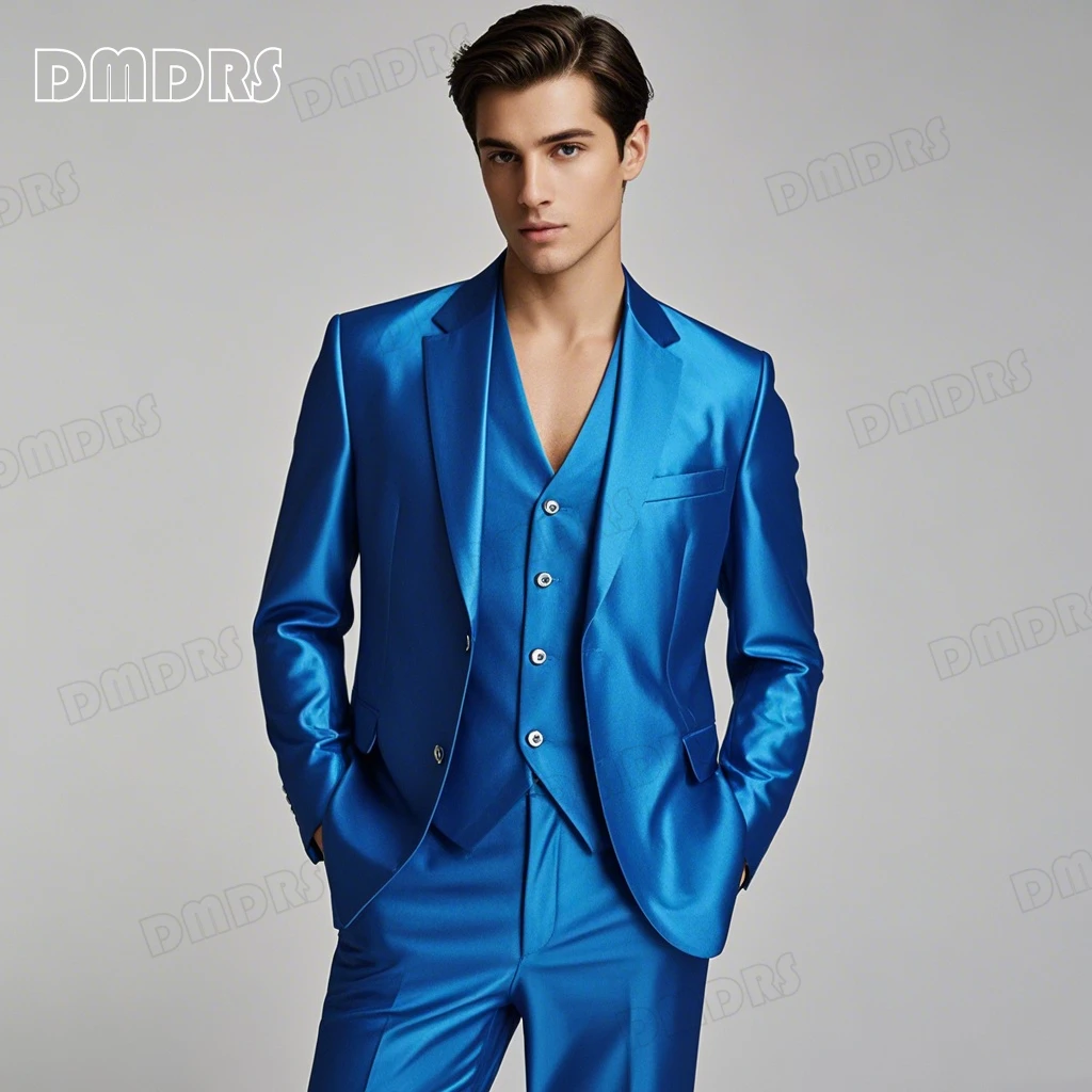 

Men's Satin 3 Pieces Suit Set, Notched Lapel Blazer Vest Pants Tuxedo Set Costume Stage Tuxedo Pants Set Customized Tuxedo Men