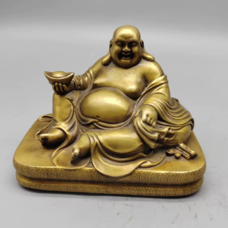 

Traditional China antique bronze Maitreya Buddha statue gold ingot Attracting wealth feng shui auspicious ornament