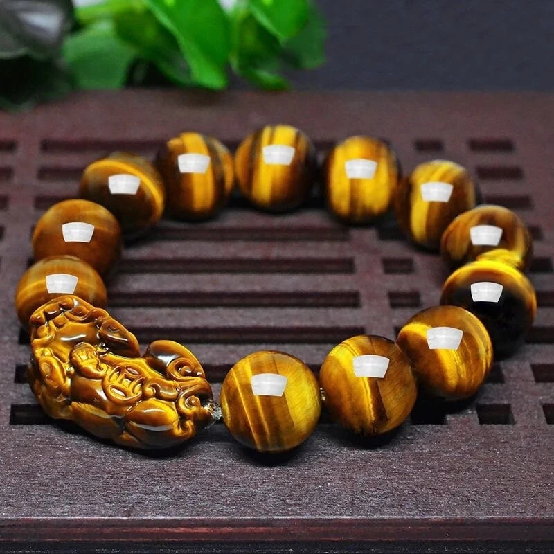 

Lucky Yellow for Men, Tiger Eye Stone Crystal Bracelet, Fortune Bead Trendy Pixiu Buddha Bea