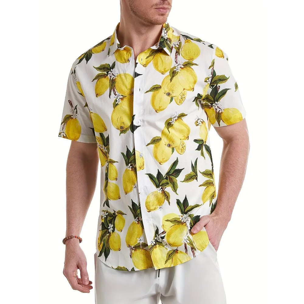 2026 Summer Men's Vitality Lemon Leaf Printed Hawaiian Shirt Short Sleeve