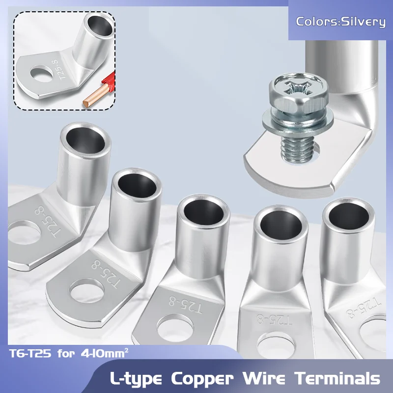 

(5-200 Pcs) Connectors & Terminals Right Angle L-Type Cable Lugs, Tinned Copper Crimp Connector Terminals T6-T25 for 4-10mm²