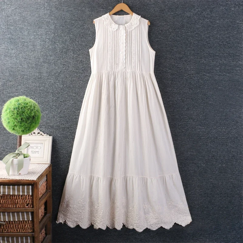 Wiosna Lato Słodka Mori Girl Jednokolorowa haftowana sukienka bez rękawów dla kobiet Uroczy kołnierzyk Peter Pan Bez rękawów Casual Under the Dress