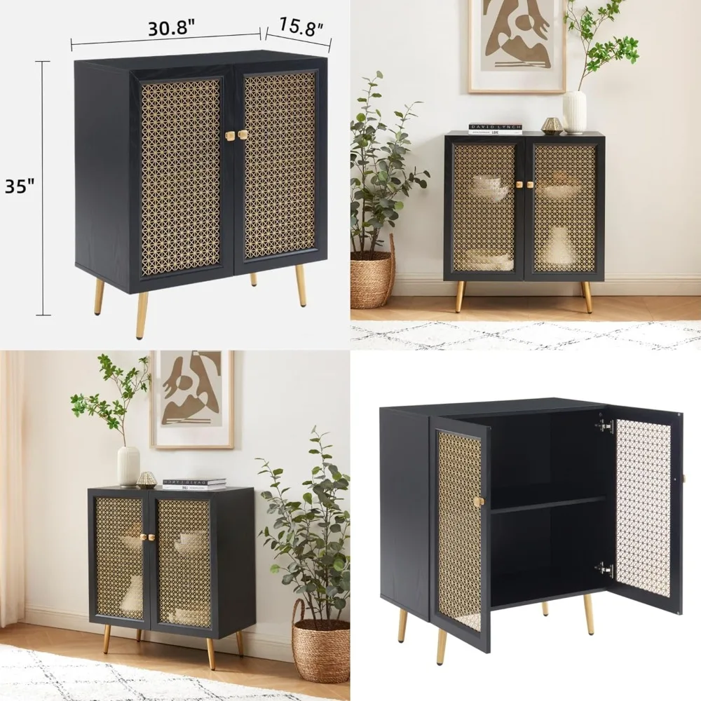 بوفيه خزانة جانبية للتخزين باللون الأسود مع أبواب شبكية معدنية، وخزانة وحدة تحكم متعددة الوظائف لغرفة المعيشة، وتناول الطعام