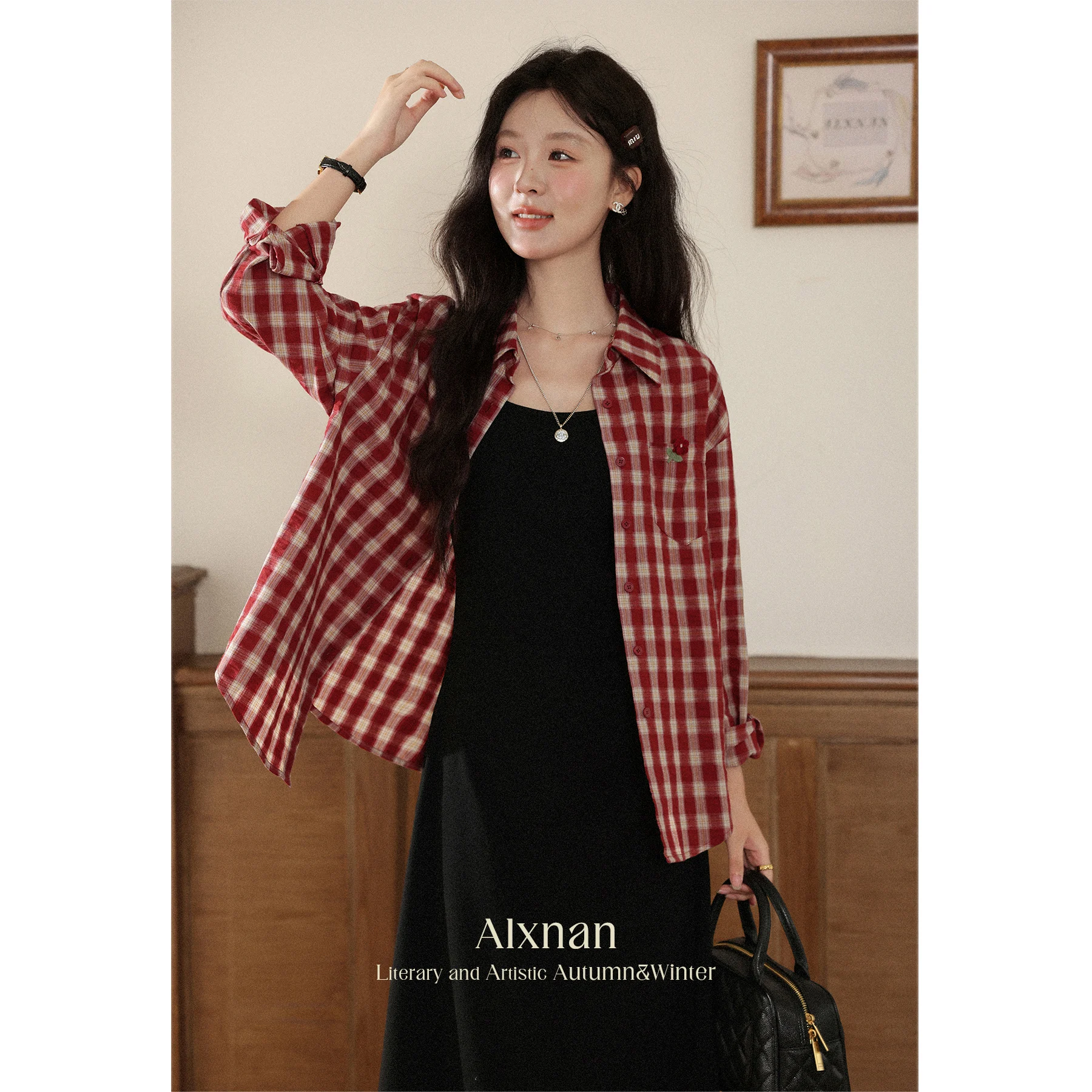 

ALXNAN Red Vintage Plaid Shirt Women Sun-proof Long Sleeve Cotton 100% Blouse 2025 Summer Office Lady Casual Elegant Tops L56701