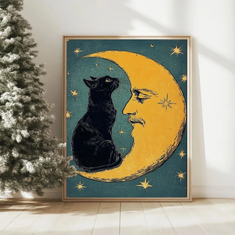 Vintage Tarot Style Black Cat Moon Canvas Wall Art Retro Celestial Star Night Sky Art Home Wall Print Unframed Canvas Poster