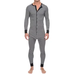 Men Home Clothes Autumn Long Sleeve  Men's Striped One-Piece Pajamas Round Collar Winter Male Jumpsuit Nightwear Sets MY899