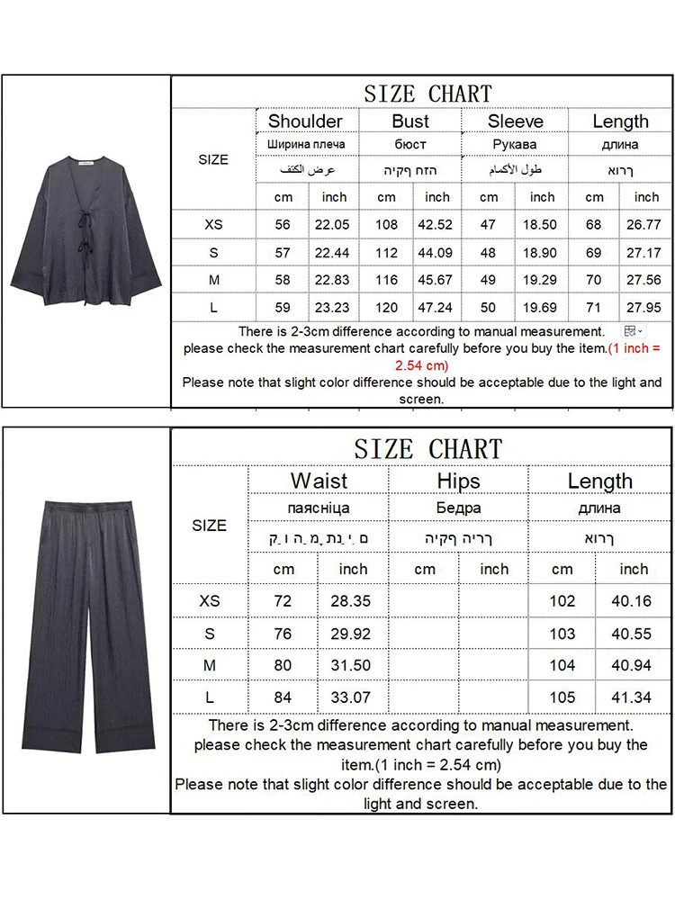 TRAF 2024 Women Fashion Blouse Pant Suit Two Pieces V-neck Tied Bow Long Sleeve Shirt High Waist Wide Leg Pant Causal Set