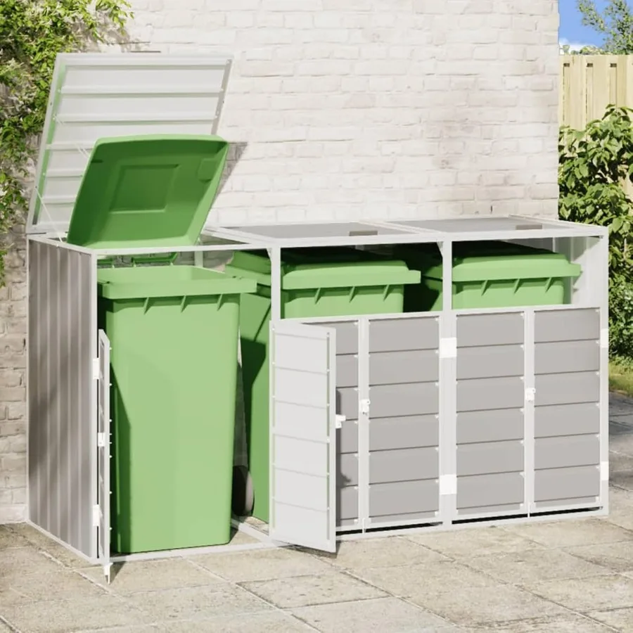 Outdoor triple wheelie bin storage shed for 3x240L bins, grey steel construction, weather-resistant with automatic lid and vent