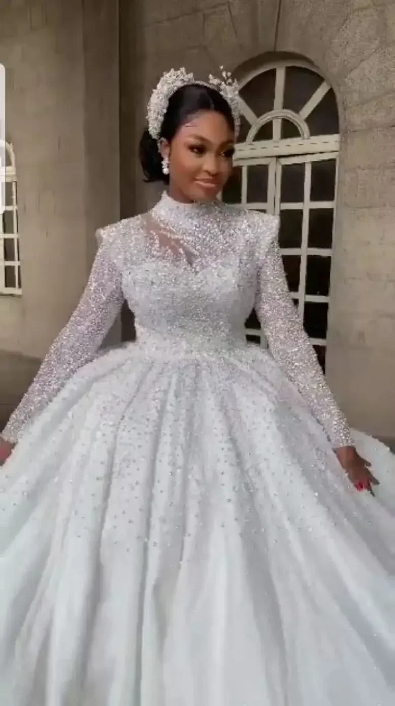 تخصيص الديكور زائد حجم فساتين الزفاف جنوب أفريقيا شير عالية الرقبة طويلة الأكمام ألف خط زي العرائس فساتين الزفاف