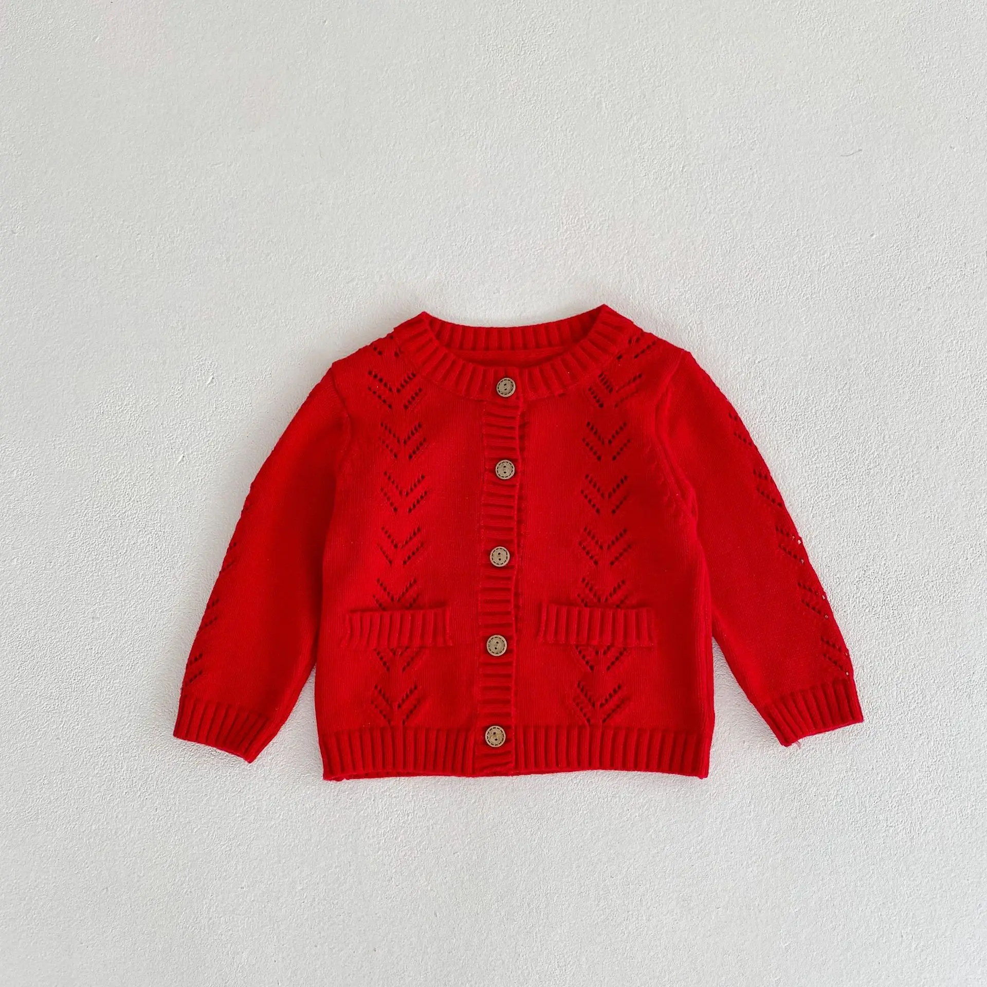 Instagram Spring and Autumn Wear 0-3 Year Old Baby Sweater New Fashion Item Solid Color Sweater Versatile Cardigan Hollow Knitte