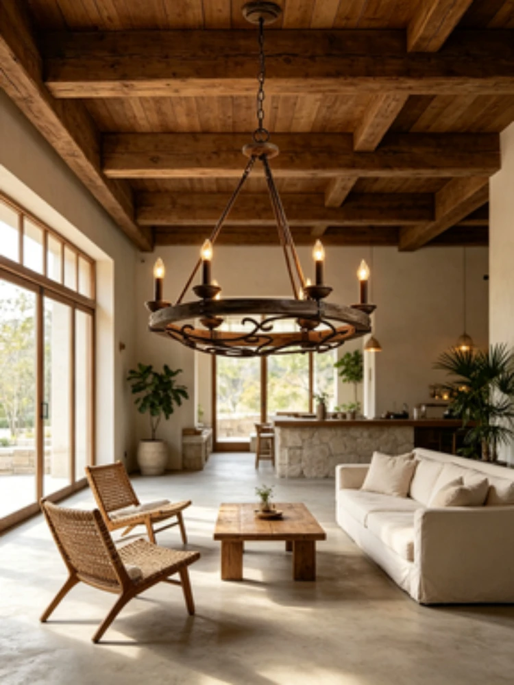 American retro wheel chandelier, industrial style wooden restaurant, homestay, villa, solid wood lighting fixtures