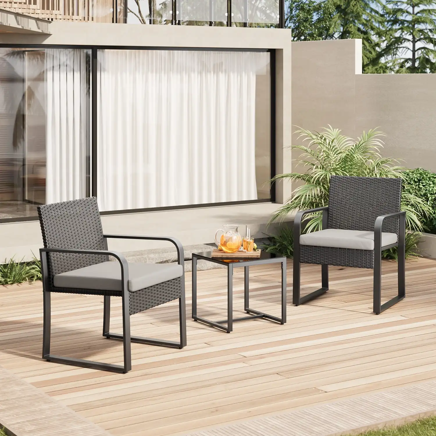 3 PCS Patio Furniture Set, Asofer Modern Rattan Chair Conversation Sets with Coffee Table,for Poolside, balcony, Gray