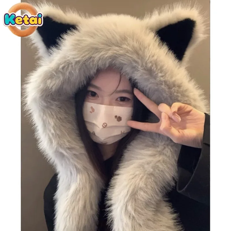 Cappello con orecchie di volpe in peluche spesso e resistente al freddo, sciarpa invernale da donna integrata Nuovo caldo e miglioramento del viso Piccolo cappello Lei Feng