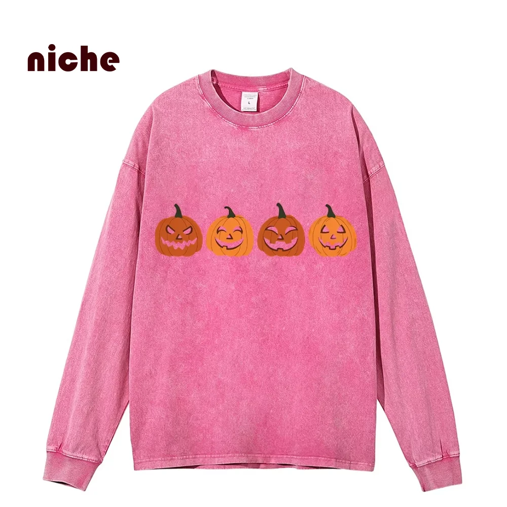 Halloween Neutral Style Crew Neck Sweater Washed Old Pure Cotton High Quality Pumpkin Print Loose Shoulder Trend Long Sleeves