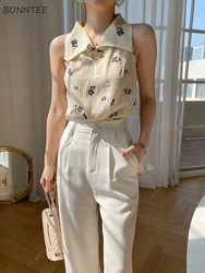 Sleeveless Blouses Women Floral Temperament All-match Retro Turn-down Collar Design Fashion Leisure Summer Breathable Female OL